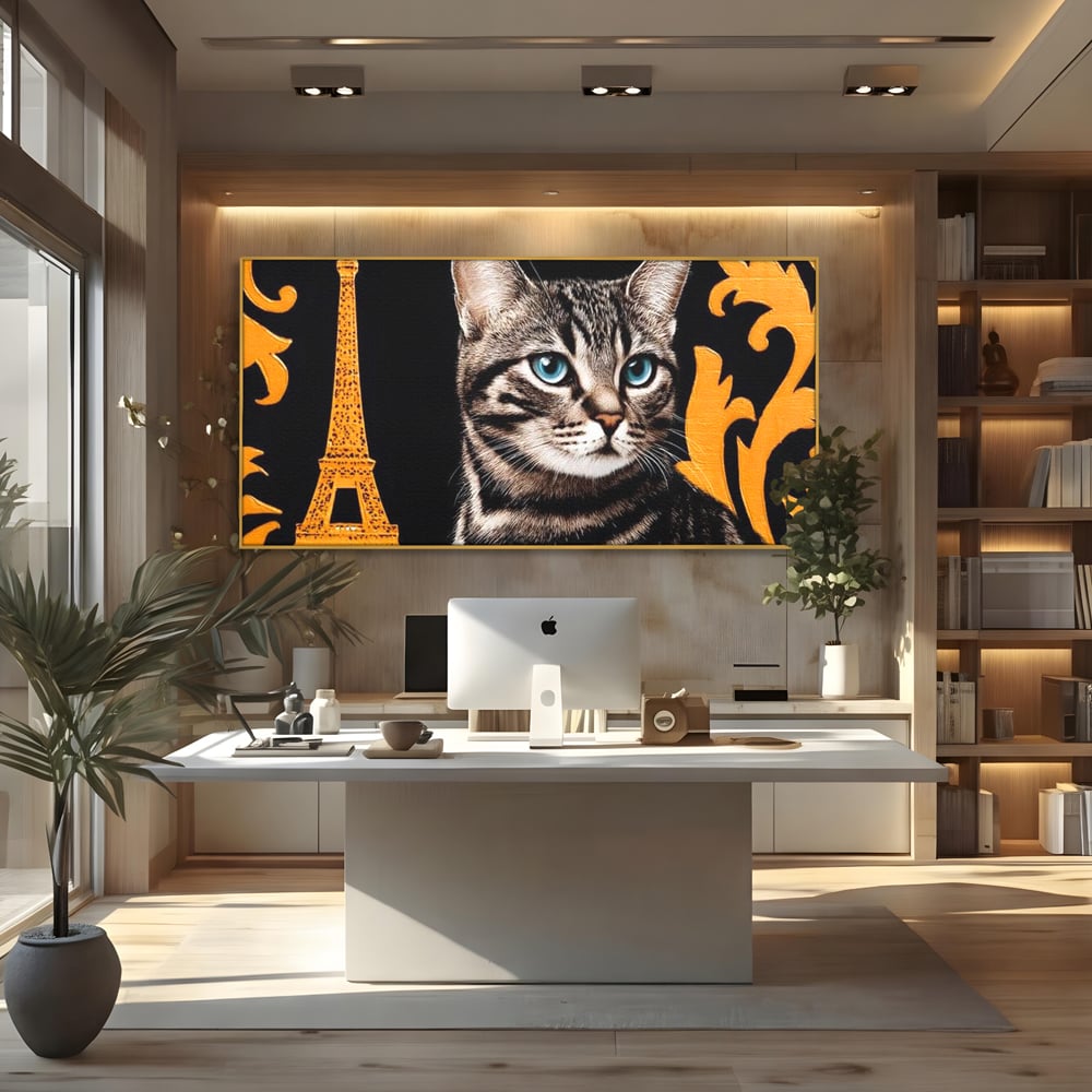 Tablou canvas cu tablou canvas cu pisica si turnul eiffel, in rama de aluminiu auriu, pe perete intr-un birou